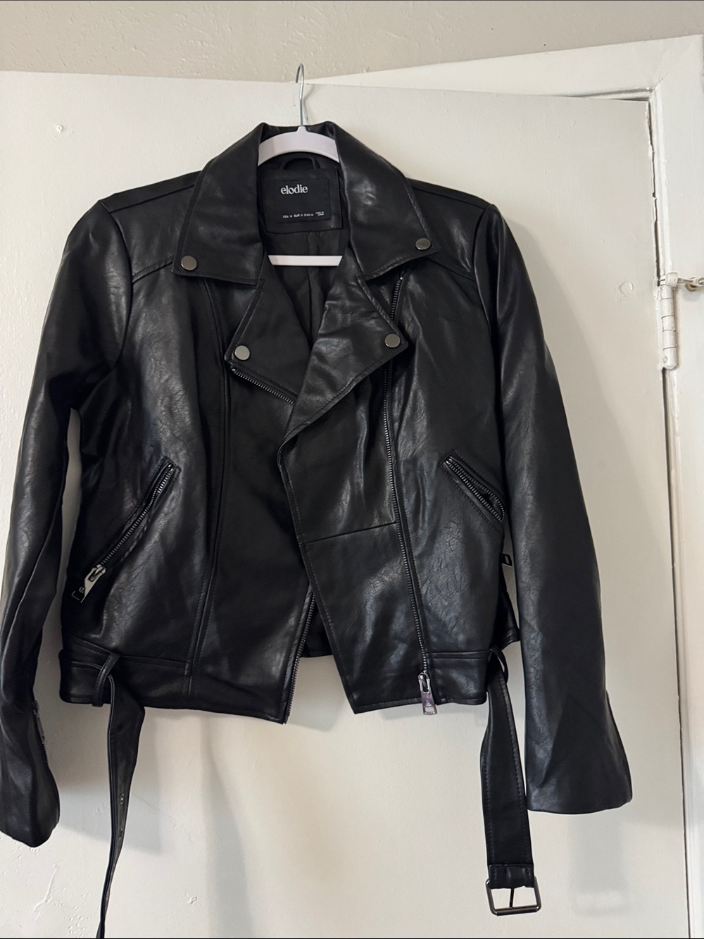 Elodie Black Faux Leather Biker Jacket with Belt